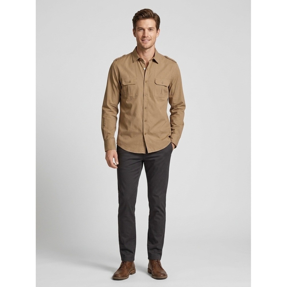 Vince Mens Military Epaulette Button Down Shirt Tan Khaki Cotton Size Small